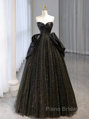 Glitter A-Line Sweetheart Neck Tulle Satin Ballgown Black Long Formal Prom Dresses Sparkly Evening Dresses