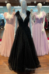 Glitter Feathers V-Neck Empire Waist A-Line Formal Prom Gown,Evening Party Dresses