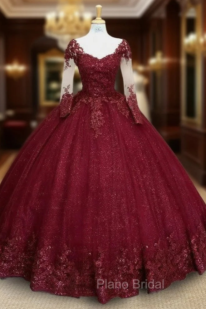 Glitter Long Sleeve Princess Burgundy Quinceanera Dresses