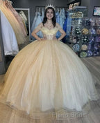 Glitter Off The Shoulder Beading Tulle Long Quinceanera Dresses