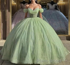Glitter Off The Shoulder Beading Tulle Long Quinceanera Dresses