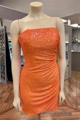 Glitter Orange Strapless Sequined Mini Homecoming Dresses