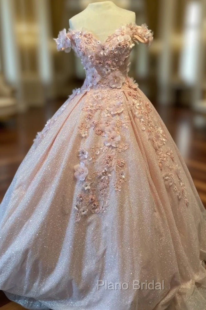 Glitter Pink Off The Shoulder Formal Prom Dresses Tulle Appliques Ball Gown Quinceanera Dresses Main image