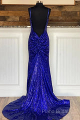 Glitter Royal Blue Sequins Formal Prom Dresses Regency Backless Mermaid Formal Dresses