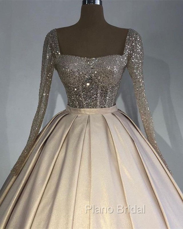 Glitter Sequins Long Sleeves Formal Prom Ball Gown Satin Dresses Secondary image