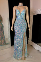 Glittering Spaghetti-Straps Sequins Formal Prom Dresses Mermaid Sleeveless With Slit