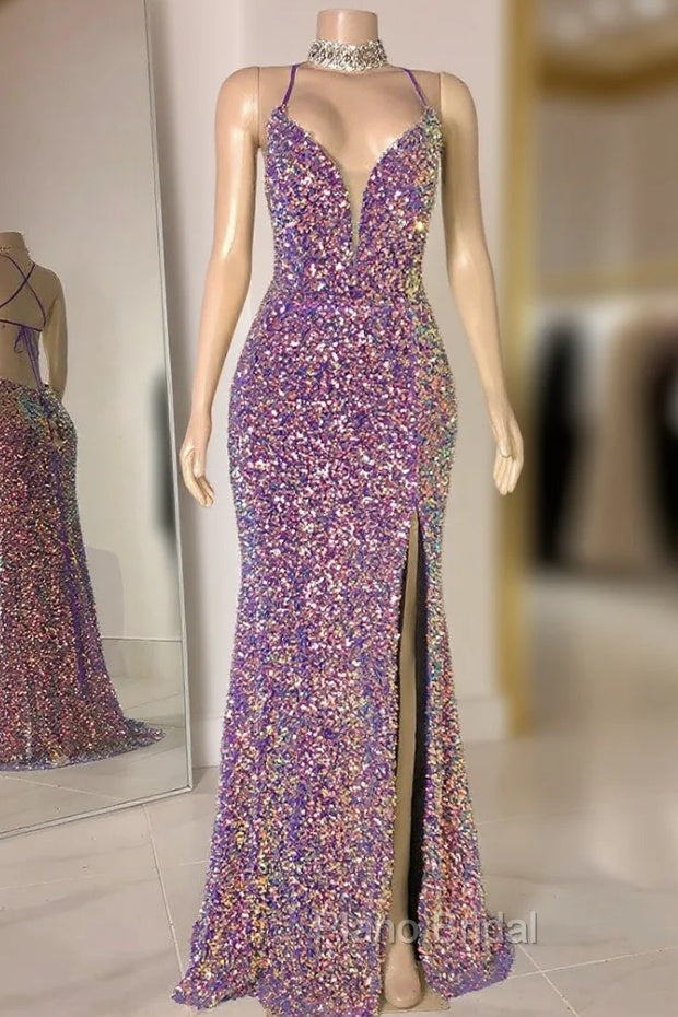 Glittering Spaghetti-Straps Sequins Formal Prom Dresses Mermaid Sleeveless With Slit Main image