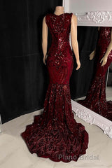 Glittery Long Red Mermaid Sleeveless Formal Prom Dresses Sequin
