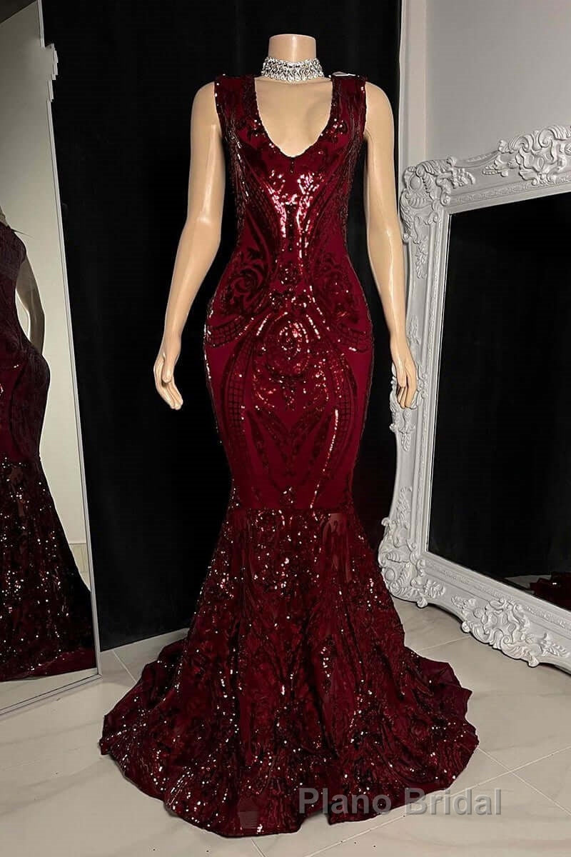 Glittery Long Red Mermaid Sleeveless Formal Prom Dresses Sequin
