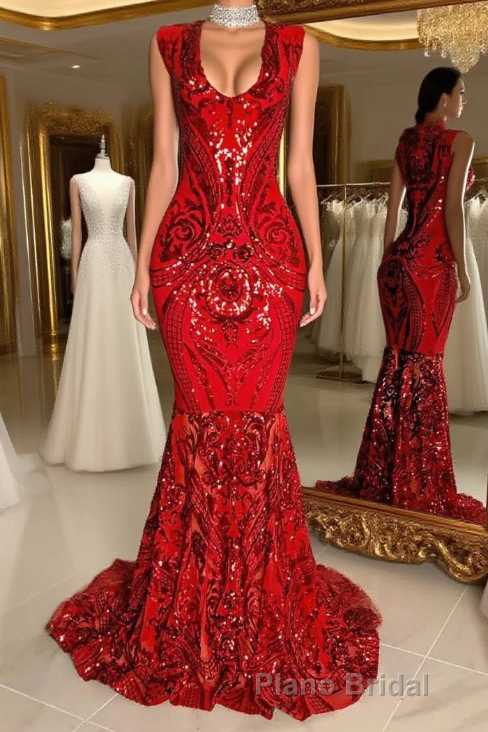 Glittery Long Red Mermaid Sleeveless Formal Prom Dresses Sequin Main image