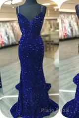 Glittery Mermaid Red Sequin V-Neck Lace-Up Back Formal Prom Dresses Gala Gown