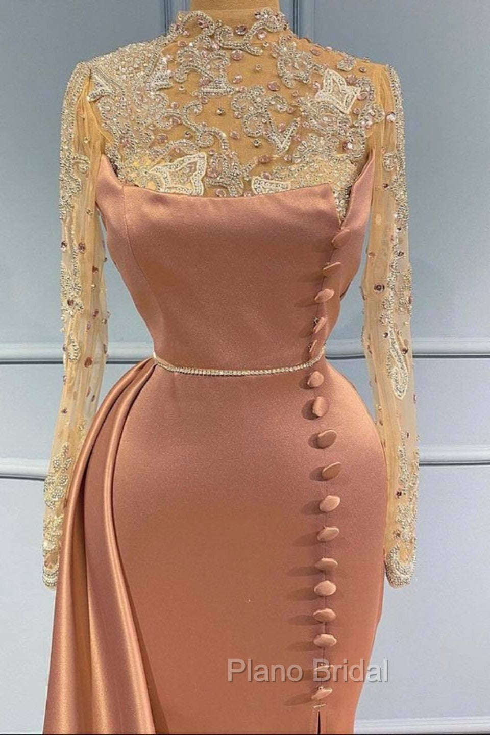 Goegeous Long Sleeves Mermaid Evening Dresses Lace High-Neck With Buttons Secondary image