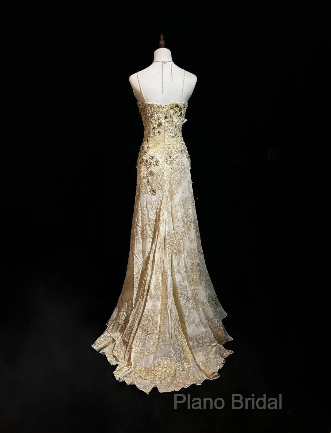 Gold A-Line Spaghetti Strap Satin Lace Long Formal Prom Dresses With Beaded Appliques