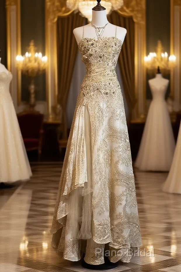 Gold A-Line Spaghetti Strap Satin Lace Long Formal Prom Dresses With Beaded Appliques