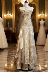 Gold A-Line Spaghetti Strap Satin Lace Long Formal Prom Dresses With Beaded Appliques