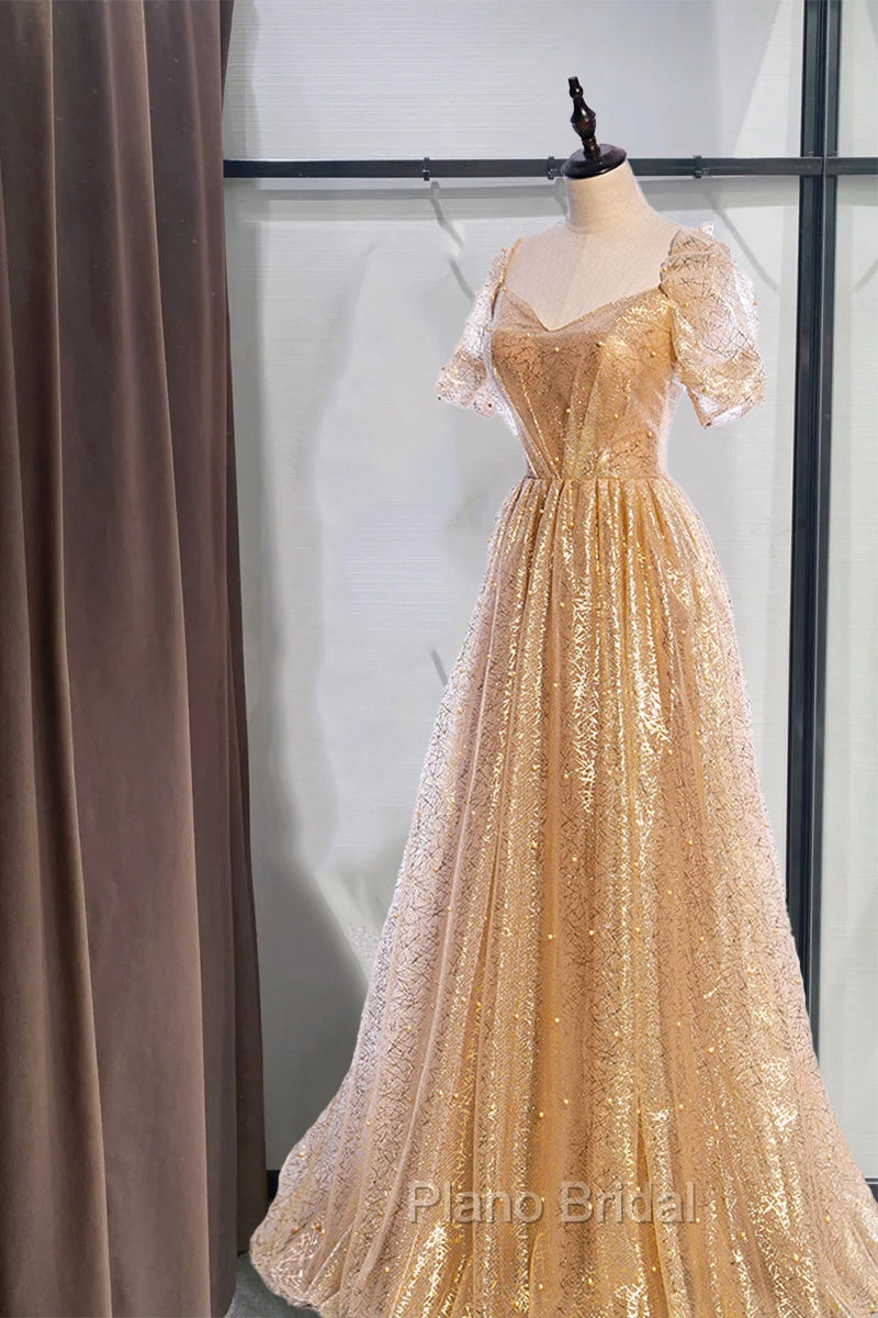 Gold Aline Tulle V Neck Long Formal Prom Dresses, Gold Formal Dresses Secondary image