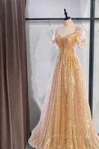 Gold Aline Tulle V Neck Long Formal Prom Dresses, Gold Formal Dresses
