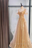 Gold Aline Tulle V Neck Long Formal Prom Dresses, Gold Formal Dresses