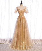 Gold Aline Tulle V Neck Long Formal Prom Dresses, Gold Formal Dresses