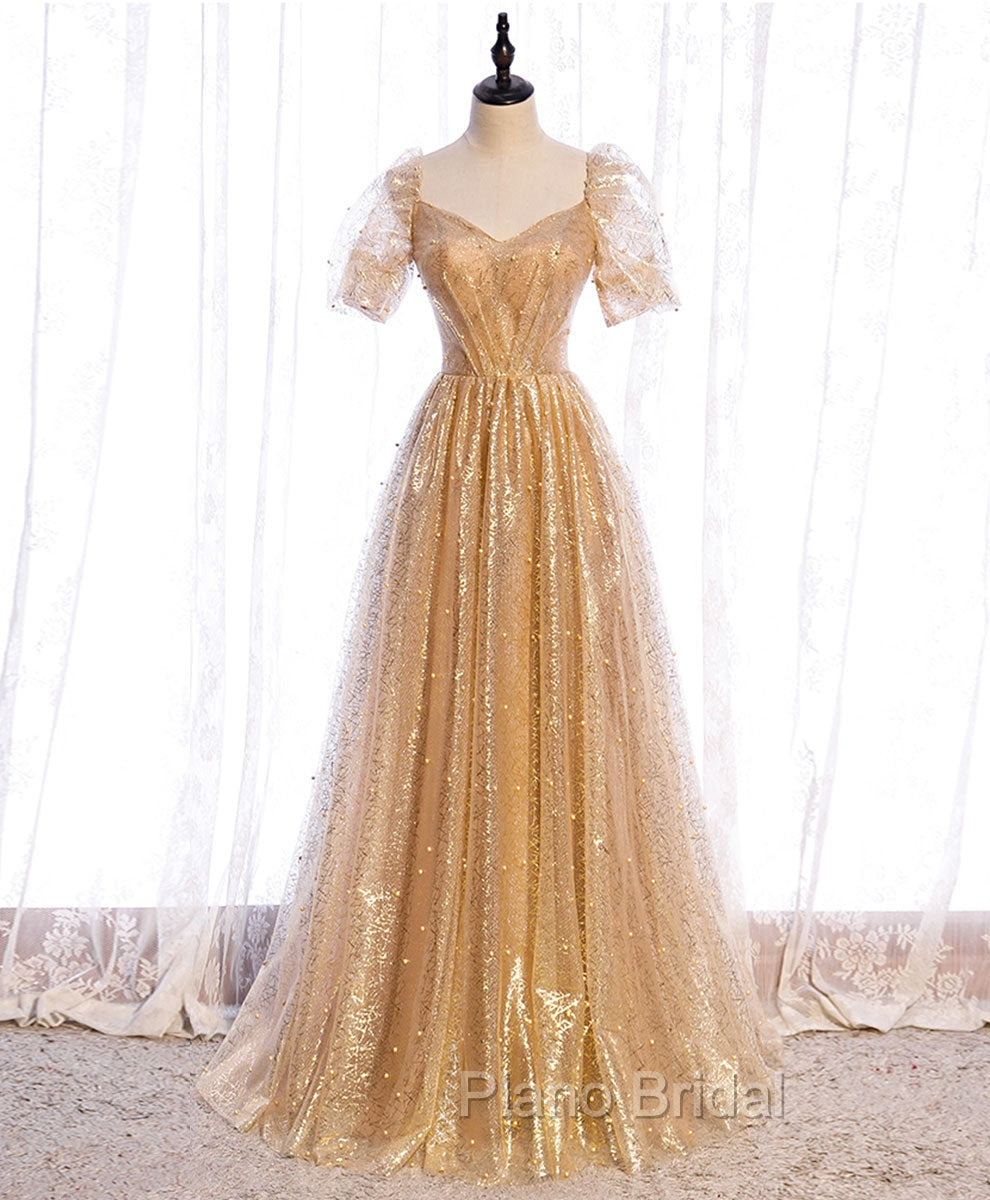 Gold Aline Tulle V Neck Long Formal Prom Dresses, Gold Formal Dresses
