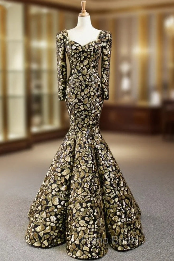 Gold And Black Sequins Mermaid Long Sleeve Square Formal Prom Dresses