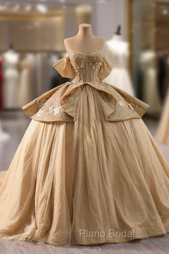 Gold Ball Gown Off the Shoulder Appliques Formal Prom Dresses Main image