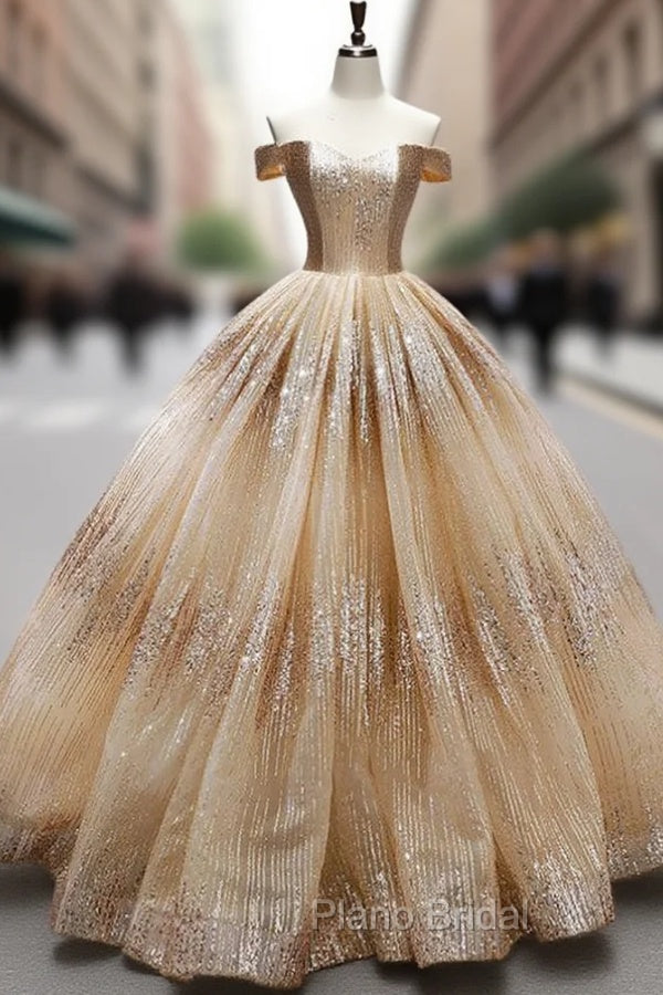 Gold Ball Gown Off The Shoulder Sequins Floor Length Wedding Dresses