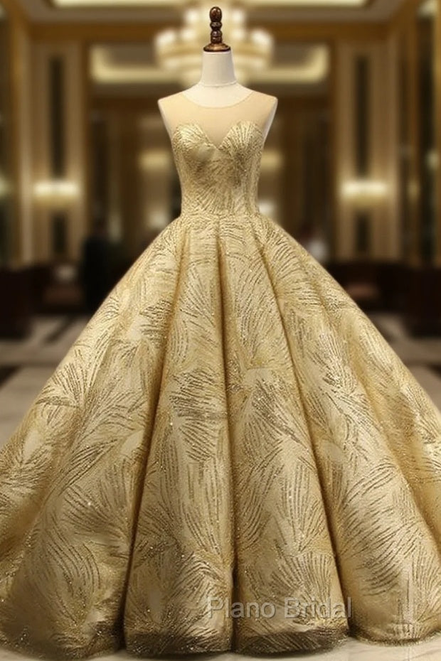 Gold Ball Gown Scoop Neck Sequins Backless Haute Couture Wedding Dresses Main image