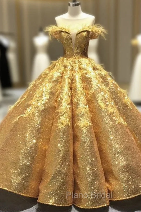 Gold Ball Gown Sequins Appliques See Through V-neck Formal Prom Dresses With Feather Main image