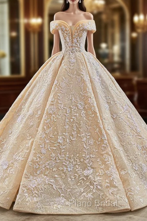 Gold Ball Gown Sequins Beading Off the Shoulder Formal Prom Dresses Main image