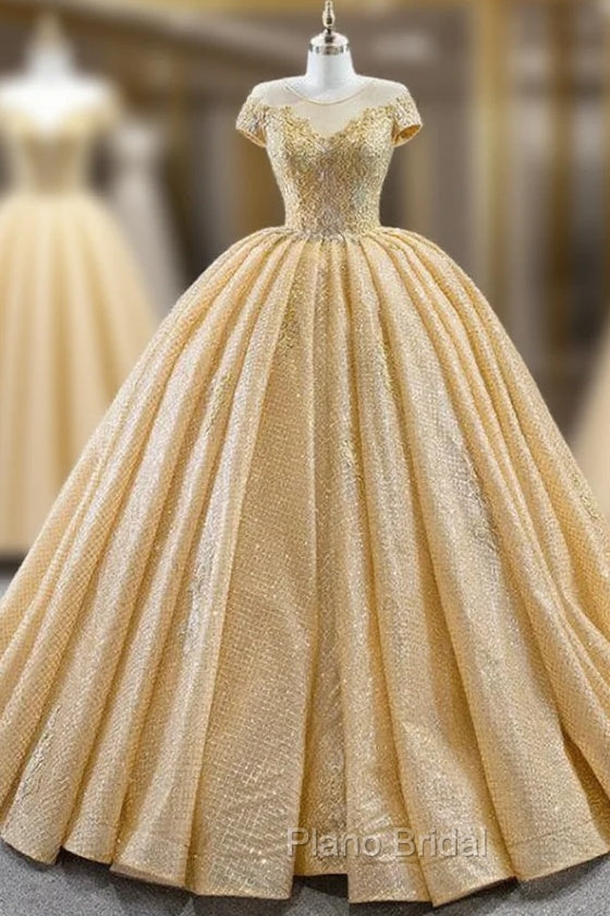 Gold Ball Gown Sequins Cap Sleeve Appliques Formal Prom Dresses Main image