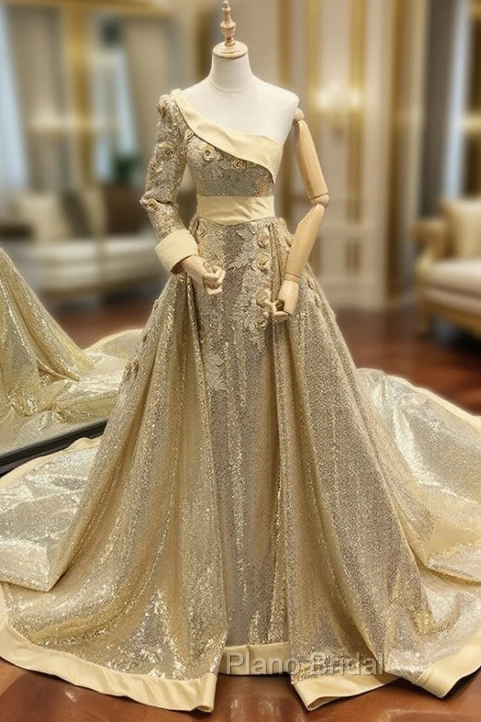Gold Ball Gown Sequins One Shoulder Long Sleeve Appliques Formal Prom Dresses Main image