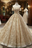 Gold Ball Gown Tulle Sequins Off The Sholuder Short Sleeve Wedding Dresses
