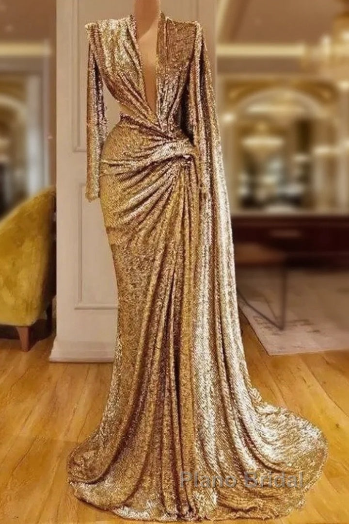 Gold Evening Dresses A-Line V-Neck Long Sleeves Sequins Long Turkey Dubai Saudi Arabic Evening Gown Formal Prom Dresses Main image