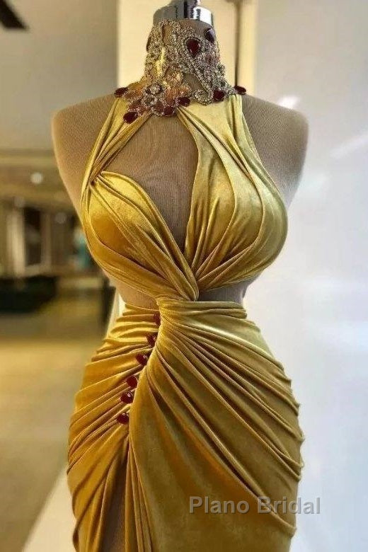 Gold Evening Dresses Sheath High Collar Velvet Beaded Slit Long Turkey Dubai Saudi Arabic Evening Gown Formal Prom Dresses Secondary image