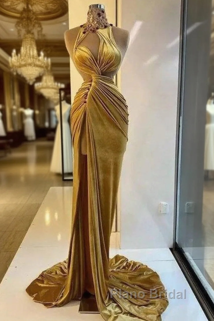 Gold Evening Dresses Sheath High Collar Velvet Beaded Slit Long Turkey Dubai Saudi Arabic Evening Gown Formal Prom Dresses Main image