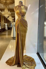 Gold Evening Dresses Sheath High Collar Velvet Beaded Slit Long Turkey Dubai Saudi Arabic Evening Gown Formal Prom Dresses