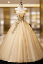 Gold Floor Length Tulle Beading Formal Dresses, Lovely Off the Shoulder Evening Party Dresses
