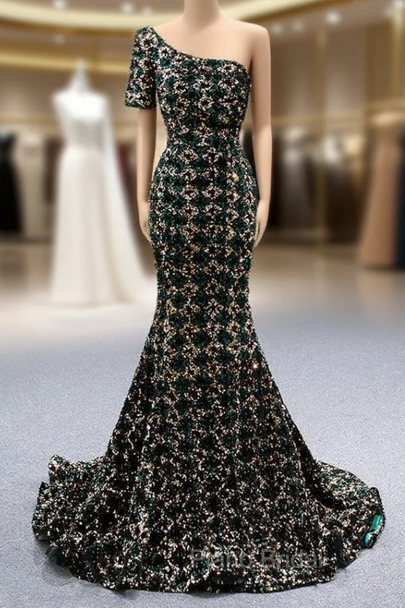 Gold Green Mermaid Sequins One Shoulder Formal Prom Dresses Main image