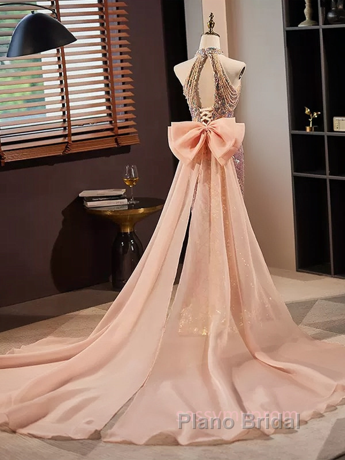 Gold Halter Beading Sequin Mermaid Formal Prom Dresses With Detachable Bow Secondary image
