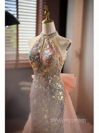 Gold Halter Beading Sequin Mermaid Formal Prom Dresses With Detachable Bow