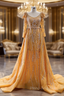 Gold Long Sleeve Beading Formal Prom Dresses With Detachable Train