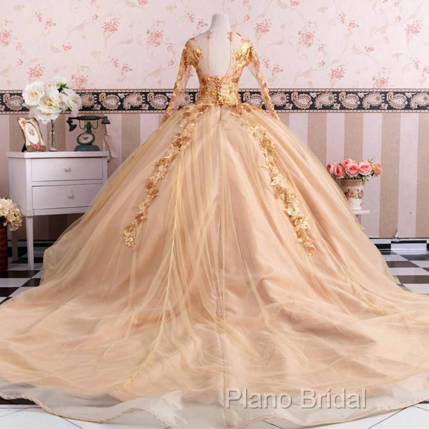 Gold Long Sleeves Wedding Dresses Ball Gowns Lace Embroidery Secondary image