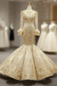 Gold Mermaid Satin Lace Appliques Long Sleeve Luxury Formal Prom Dresses