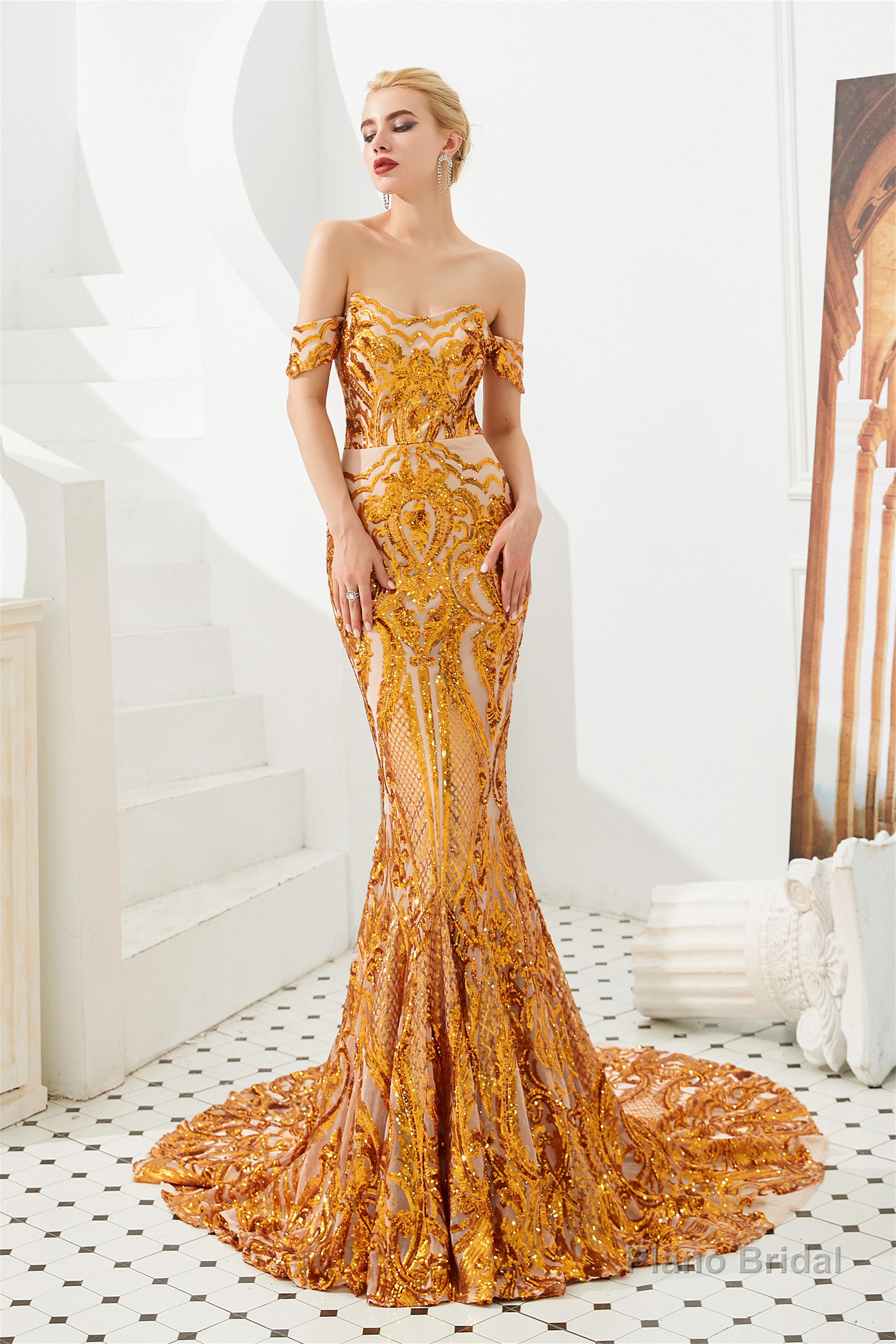 Mermaid Sequined Sheath Off Shoulde Prom Dresses with Fitted Bodice