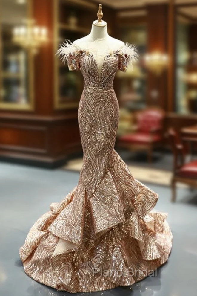 Gold Mermaid Sequins Off The Shoulder Appliques Formal Prom Dresses With Feather Main image