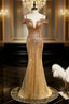 Gold Mermaid Sequins Spaghetti Straps Formal Prom Dresses