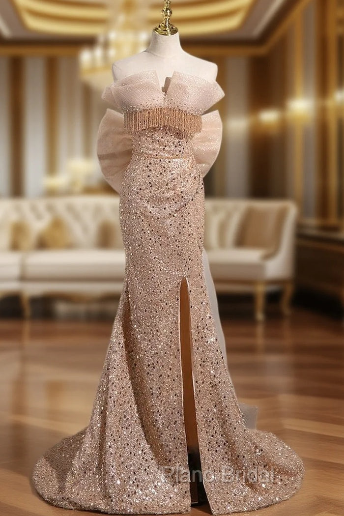 Gold Mermaid Sequins Strapless Beading Formal Prom Dresses