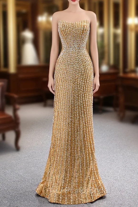 Gold Mermaid Sequins Strapless Pearls Formal Prom Dresses