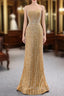 Gold Mermaid Sequins Strapless Pearls Formal Prom Dresses
